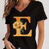 Women’s V-neck Graphic Shirts Orange A-Z Alphabet Sunflowers Short Sleeves  Harajuku Fashion Girl Casual Y2k Trend Tshirts Top