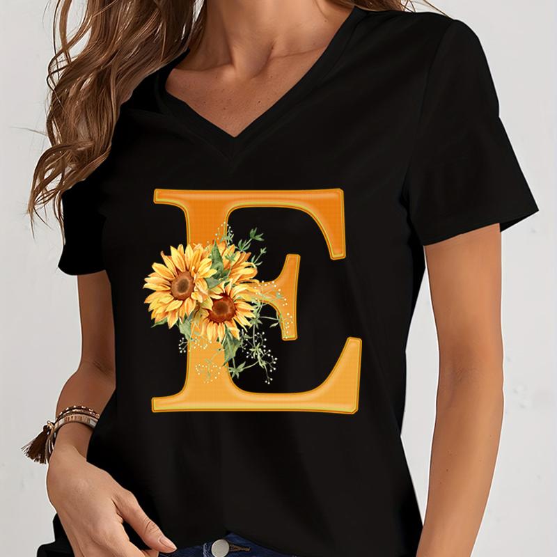 Women’s V-neck Graphic Shirts Orange A-Z Alphabet Sunflowers Short Sleeves Harajuku Fashion Girl Casual Y2k Trend Tshirts Top