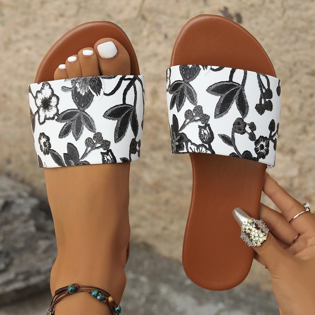 Large size flat-bottomed cool slippers women's summer new printed slippers women's lazy one-word slippers women's beach shoes women