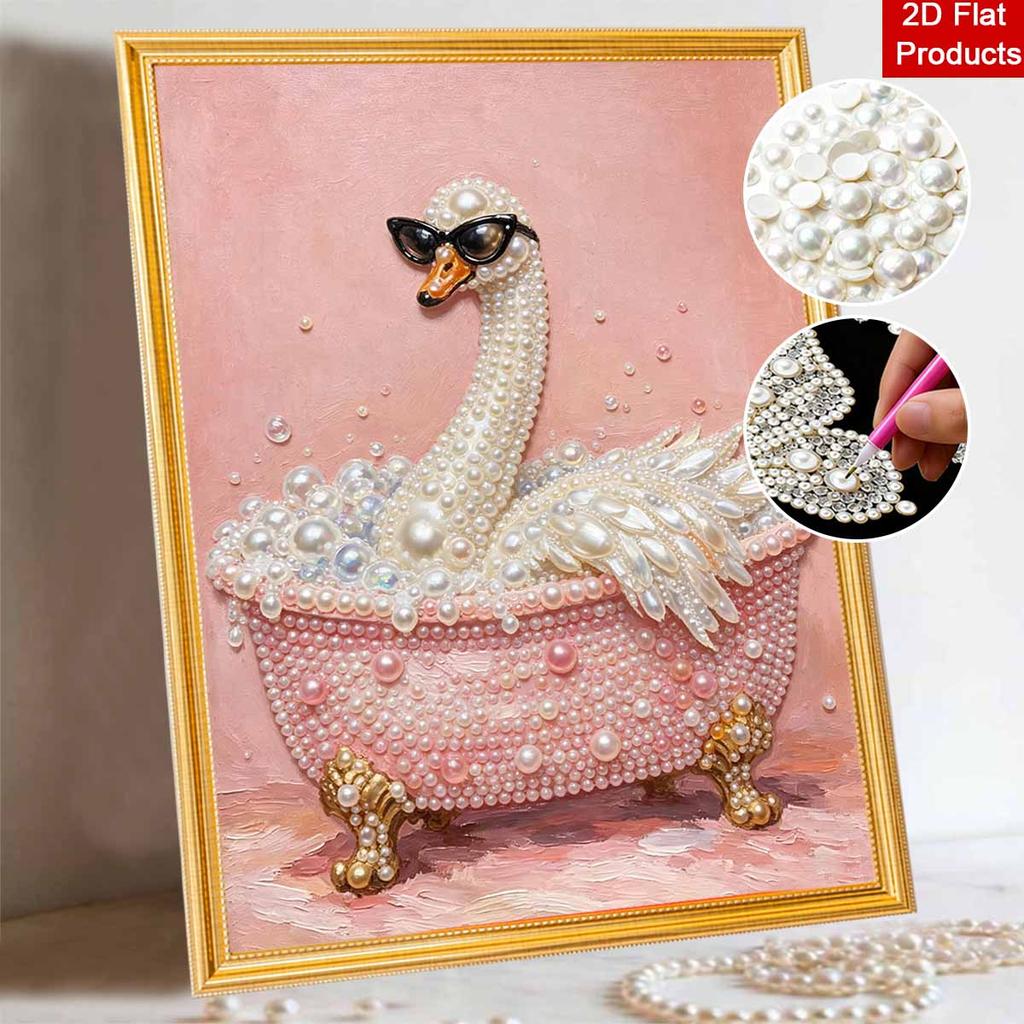 DIY Framed Pearl Painting Kit with Elegant Swan in Bathtub 5D Sparkling Bead Art Canvas Ready to Display Home Decor Modern Gift Idea
