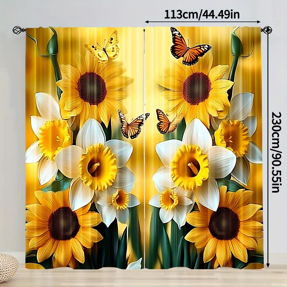 Sunflower Butterfly Print Curtains Polyester Pocket Rod Top Bedroom Living Room Office All Season Home Decor Curtain Ideal For Sitting