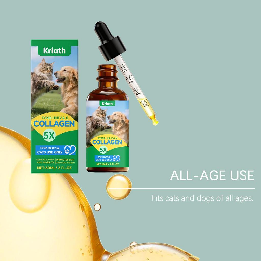 Kriath Pet Collagen Drops 60ml, Cats & Dogs. Joint Care, Skin Health, Coat Health, Gut Health, Immune System Boosting for Pets.