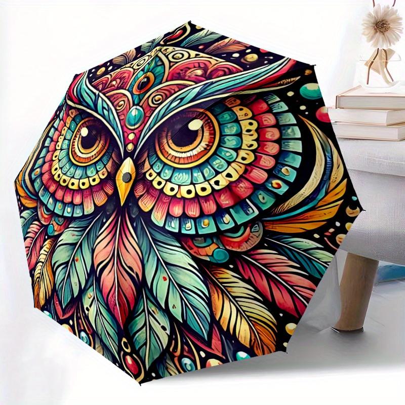 1pc Owl Mandala Automatic Open/Close Umbrella with Windproof, Functional Design, 8-Rib Sturdy Canopy