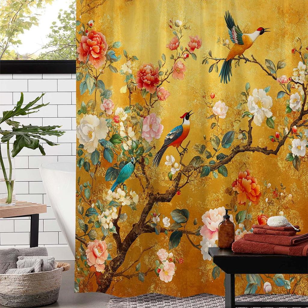Polyester Duschvorhang im Vintage-Stil mit Ast- und Blumen-Vogel-Print und 12 Haken | Künstlerisches Design für Badezimmerdekoration