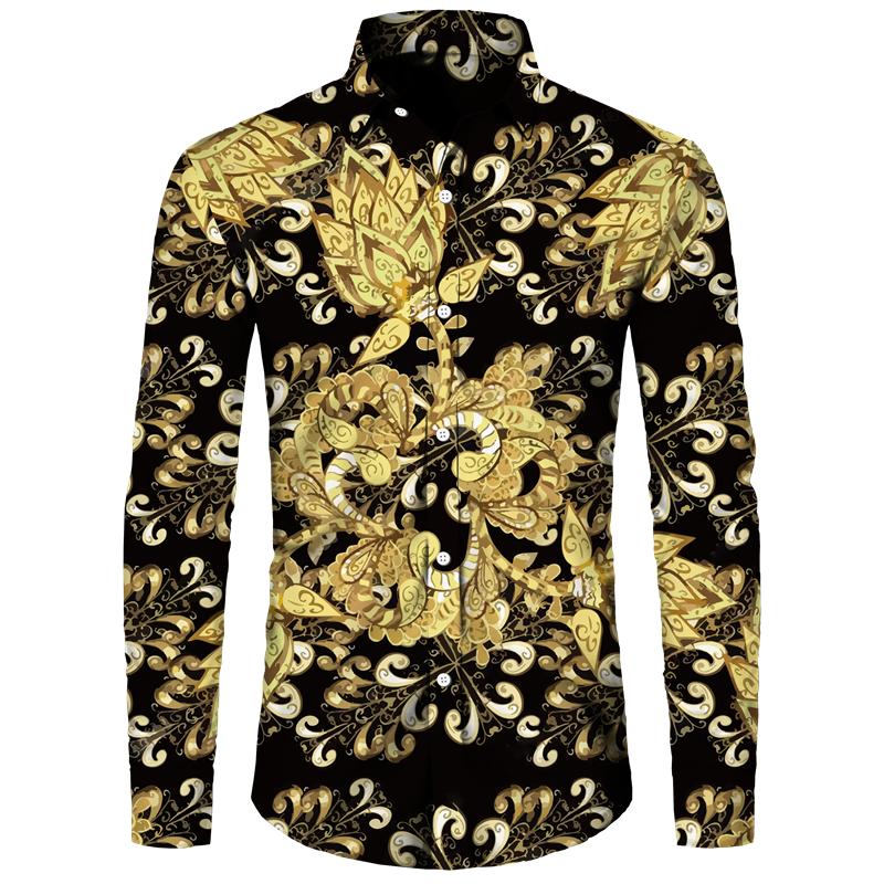 Golden Flower Pattern Print Men's Shirts Casual Single-Breasted Cardigan Long Sleeve Shirt Fashion Trend Tops Men Clothing