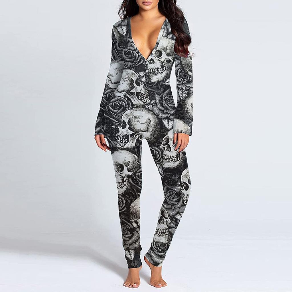 Women's Button-Down Halloween Print Functional Buttoned Flap Adults Jumpsuit