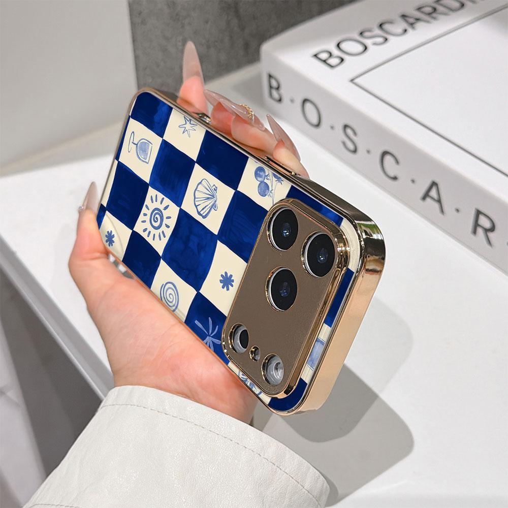 Lucky Start Phone Case For iPhone 17 16 15 14 13 12 11 Pro Max 16E Gold Electroplated Glass Shell Blue Checkers Cover