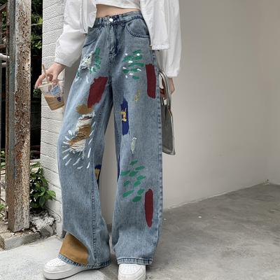 Fashion Colorful Doodle Ripped Jeans Women High Waisted Slim Straight Leg Wide Leg Pants Women Vintage Blue Casual Denim Trousers Lady 24247