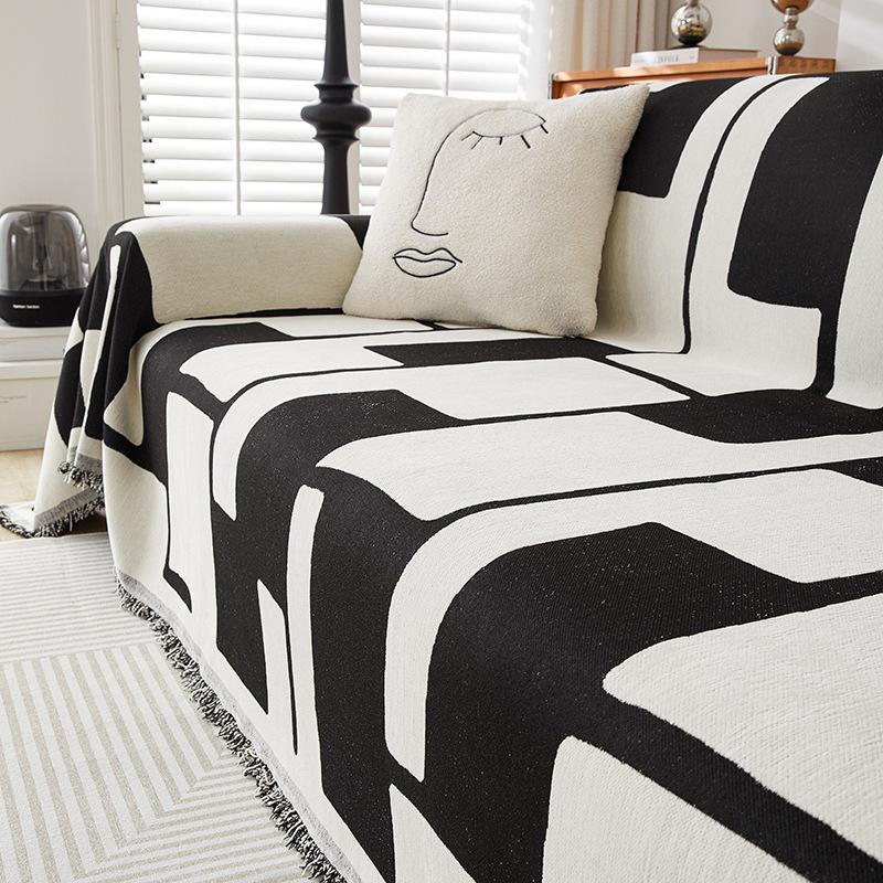 Black and White Four-season Universal Full-cover Fabric Sofa Towel, Light Luxury Chenille Sofa Cover Towel, Simple AB Double-sided Sofa Cover Towel