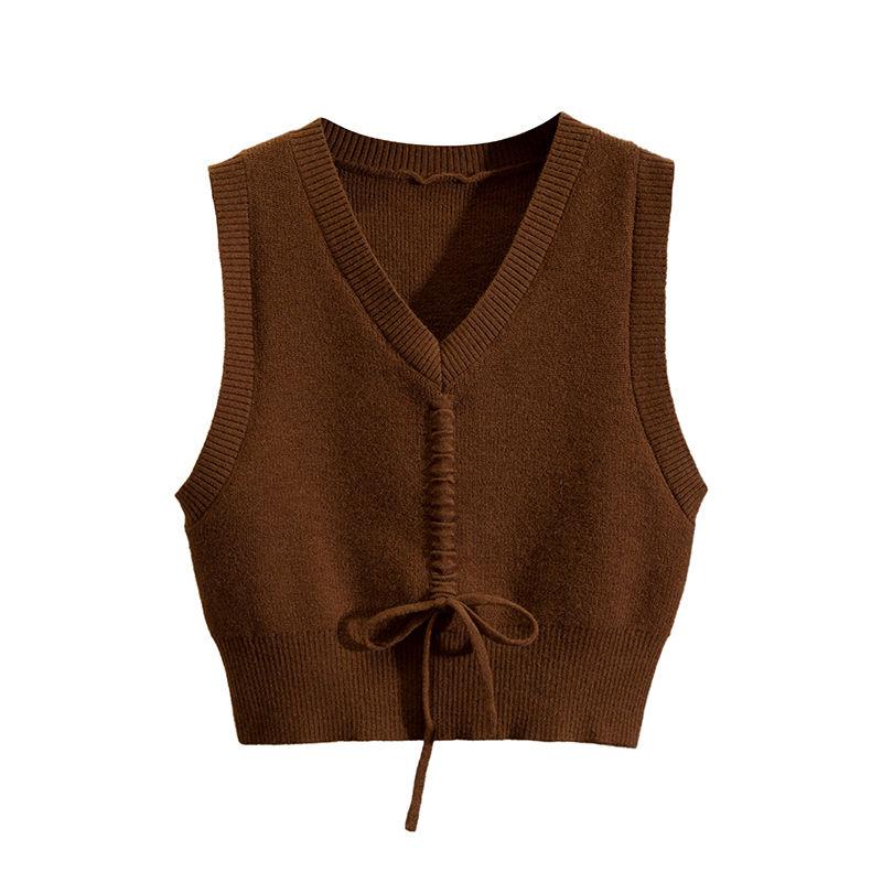 Spring and Autumn Short V-neck Tank Top with Drawstring Solid Color Pullover Sweater Vest