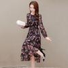 Women's Mid-Length Floral Chiffon Spring Dress - Waist-Slimming, Over-the-Knee, Long-Sleeved Fashion