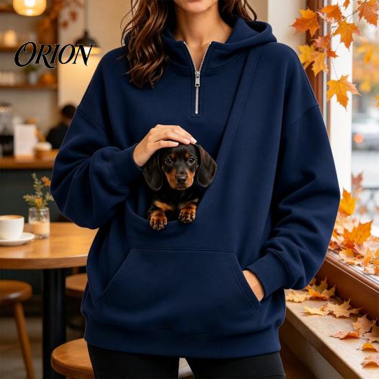 Travel Sweatshirt with Front Pouch Women Hoodie Pet Carrier Pocket, Half Zipper Pullover Sweatshirt, Dog for Small Pets Loose Fit Long Sleeve