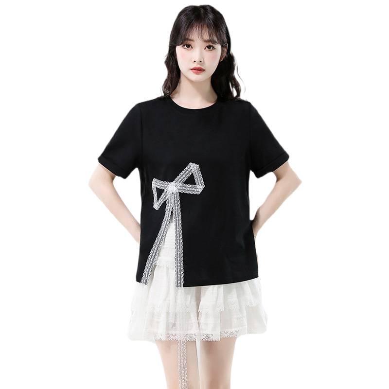 Women's Irregular Split Short-Sleeve Tee, Summer 2025, Loose Fit for Petite, Bowknot Design