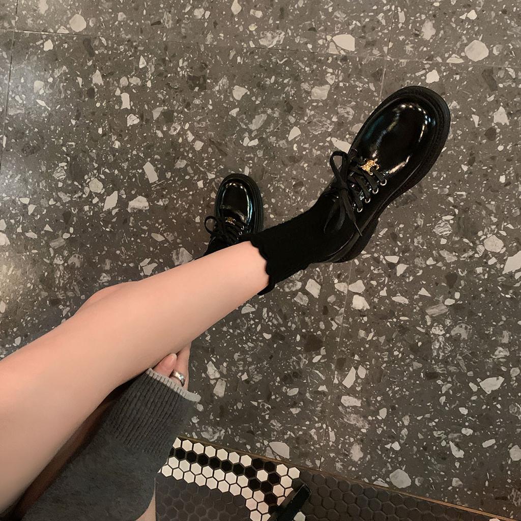 Sheepskin version~ Genuine leather British style round head loafers women's small gold buckle college style genuine leather thick-soled small leather