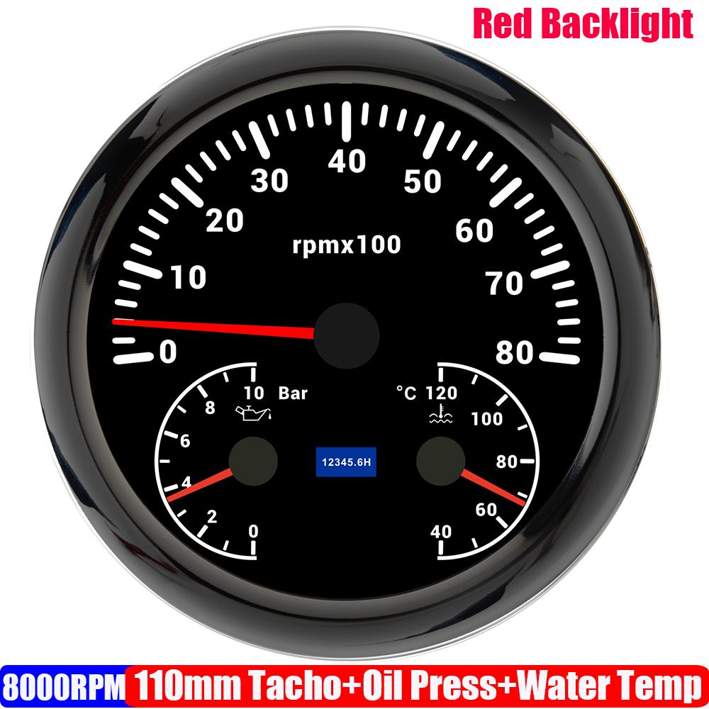 ZMFJH Multifunctional 110mm Gauge Red LED 3000-8000RPM Tachometer+Oil Pressure Gauge+Water Temperature Meter 40-120℃ Car Boat