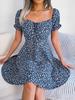 Casual Floral Print High Waist Square Neck Flared Sleeve Midi A Line Dress For Women