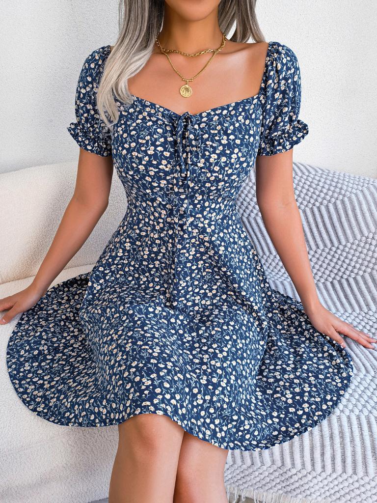 Casual Floral Print High Waist Square Neck Flared Sleeve Midi A Line Dress For Women