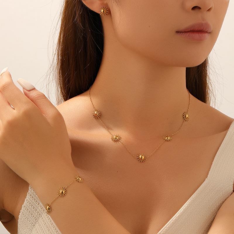 Gold Plated Sunflower Jewelry Set Necklace Bracelet Earrings for Women Stainless Steel