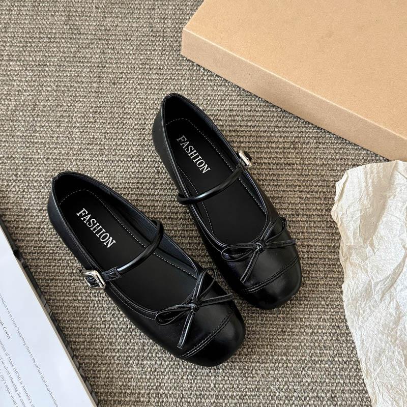 French Round Head Bow Flat Sole Shoes Women's 2025 Summer New Versatile Small Leather Shoes Shallow Mouth Mary Jane Skirt