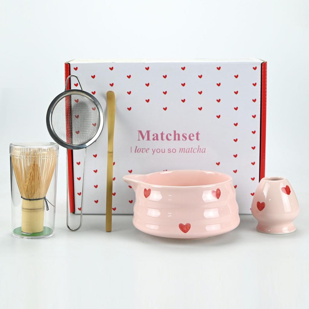 Matcha Whisk Set with Pink Heart Design, Matcha Set Includes Matcha Bowl, Matcha Whisk and Whisk Holder, Scoop, Sifter, Perfect
