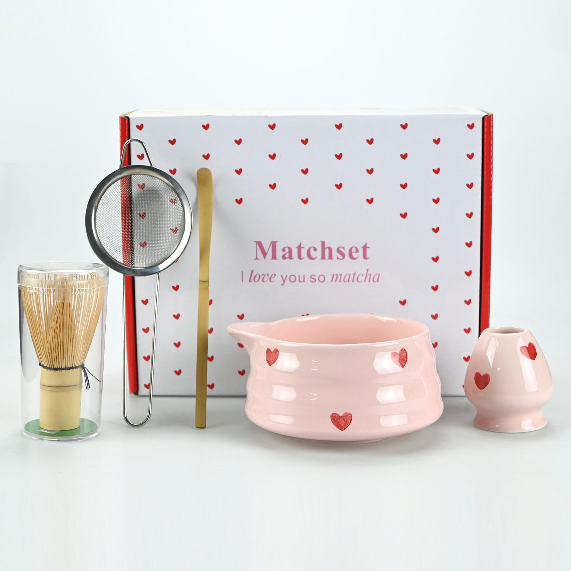 

Matcha Whisk Set with Pink Heart Design, Matcha Set Includes Matcha Bowl, Matcha Whisk and Whisk Holder, Scoop, Sifter, Perfect