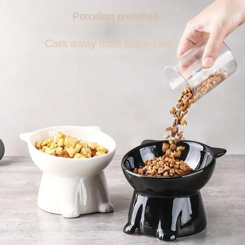 Hot High footed ceramic cat bowl cat shaped pet food bowl slanted mouth anti black chin cat bowl niversal pet bowl for cats dogs