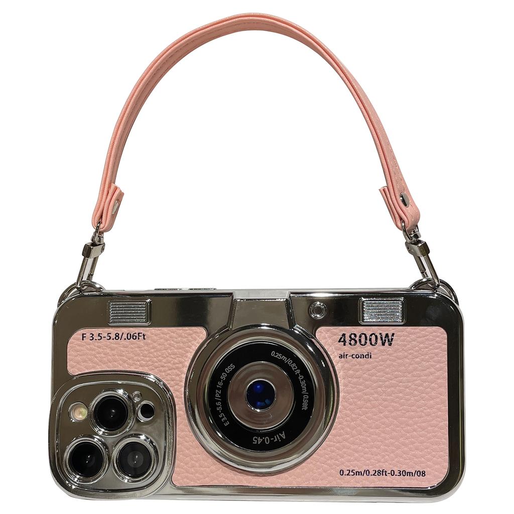 For iPhone 13 Pro Cases Camera Shaped Electroplating TPU Phone Cover with Wrist Strap
