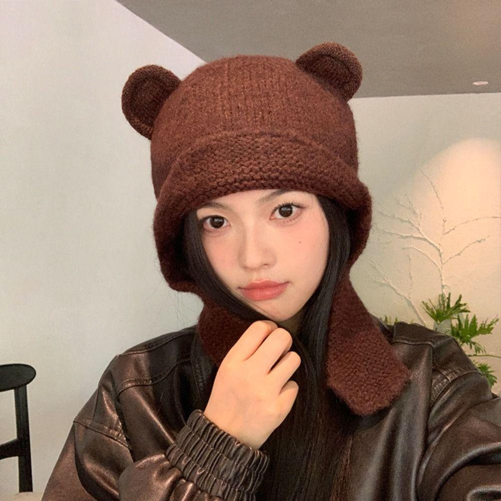 Neck Cold Proof Knitted Balaclava Hat Windproof Warm Knit Cap Sweet Women Scarf Winter Hat  Outdoor