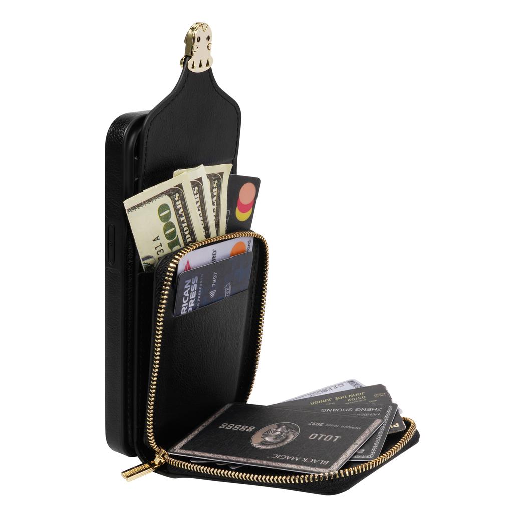 For iPhone 15 Card Slot Phone Case PU Leather Coated TPU Zipper Pocket Kickstand Cover with Shoulder Strap