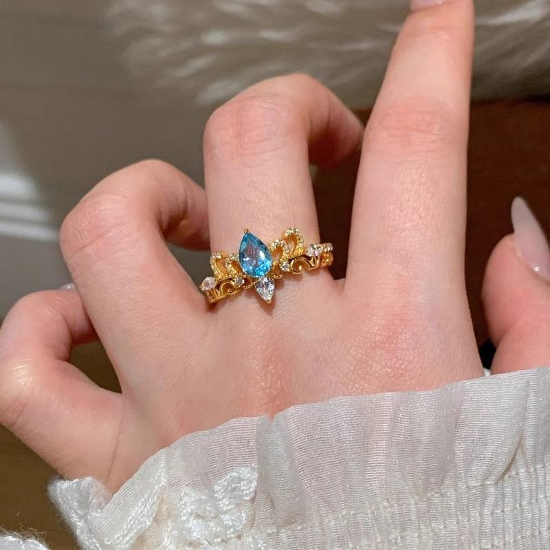 Retro Blue Tear Crown Water Drop Ring - Vintage Chinese-Style Adjustable Women's Index Ring