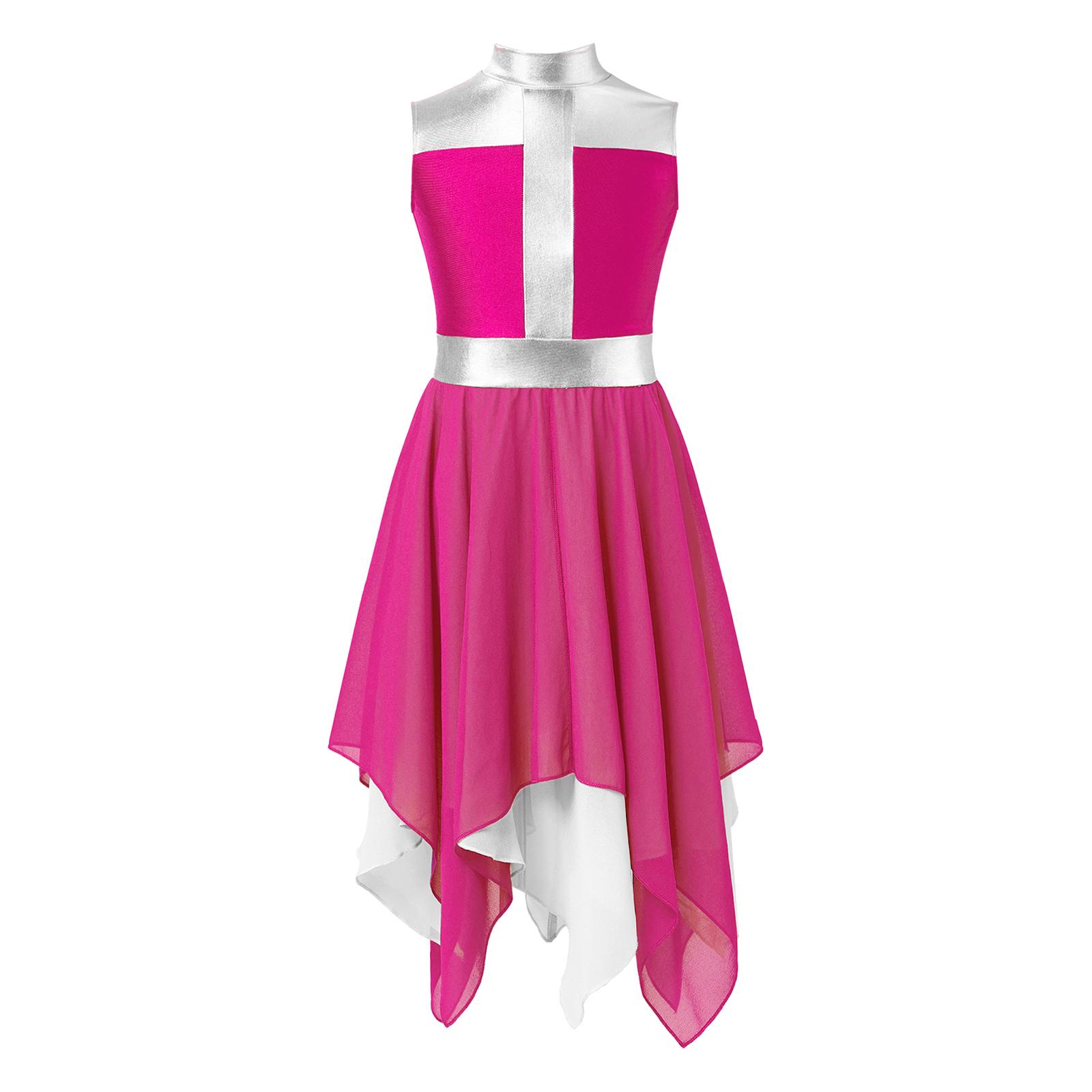 

Дівчата без рукавів танцювальна сукня для поклоніння, шифоновий поділ, контрастний дизайн, хвала, ліричний танцювальний одяг для виступів 5-6 Years гарячі рожевого кольору