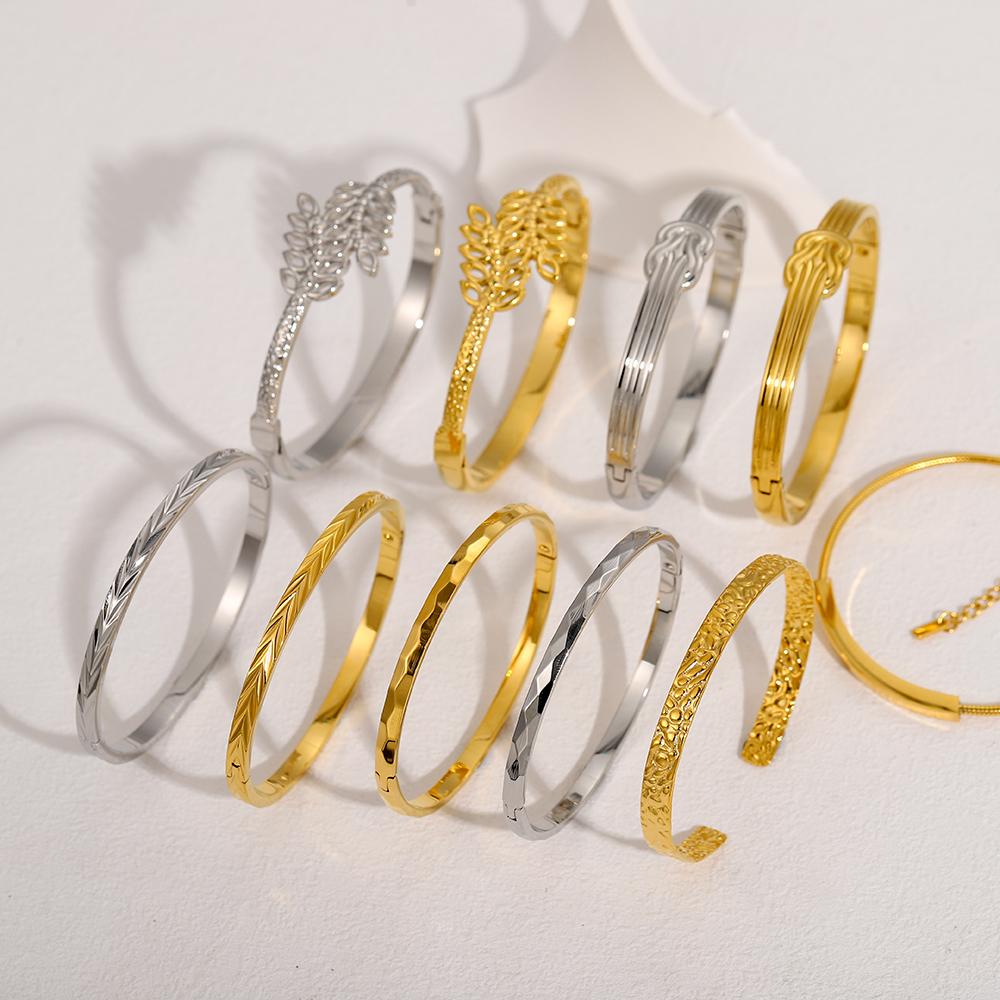 CARLIDANA Fashion Stainless Steel Jewelry 18k Gold Plated Luxury Hollow Bracelet Leaf Shape Open Cuff Bangle for Women Girls
