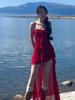 Women's Red Ruffle Waist-Hugging Spaghetti Strap Midi Dress