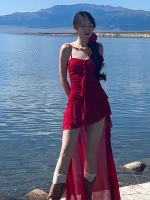 Women's Red Ruffle Waist-Hugging Spaghetti Strap Midi Dress
