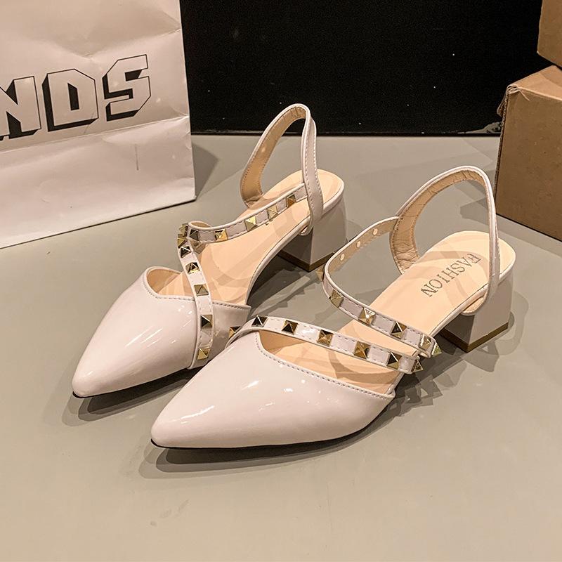 Rivet bag head sandals women's thick heel spring and summer new willow nail fashion patent leather pointed beige wedge heel cool
