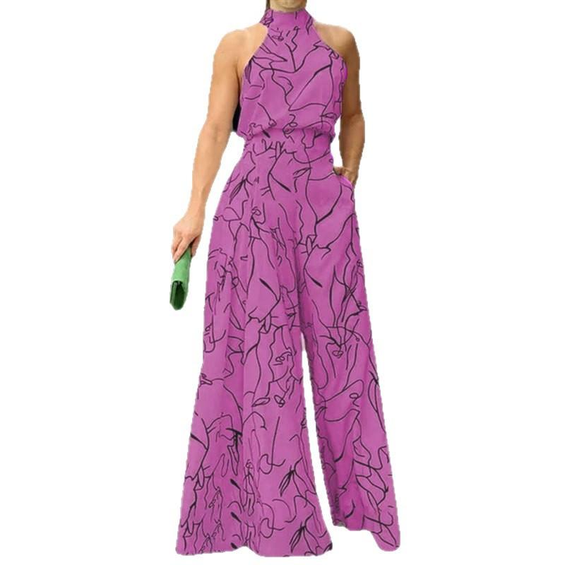 2026 spring new women's clothing, European and American foreign trade printed jumpsuit, fashionable versatile slim wide-leg pants