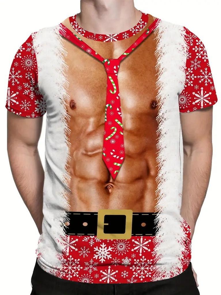 Summer Fashionable Casual Large Loose Creative Fun Muscle Christmas 3D Printed Men's T-shirt Comfortable Breathable Short Sleeved Round Neck T-shirt
