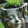 Handmade Girl Face Stump Planter 5" Resin Head Tree Stump Flower Vase with Drainage Hole for Outdoor Garden Patio Desk Decor