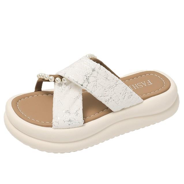 Thick-bottomed Fairy Style Slippers Female Outer Wear 2025 Summer New Fashion Pearl Muffin Cool Slippers Female Tide