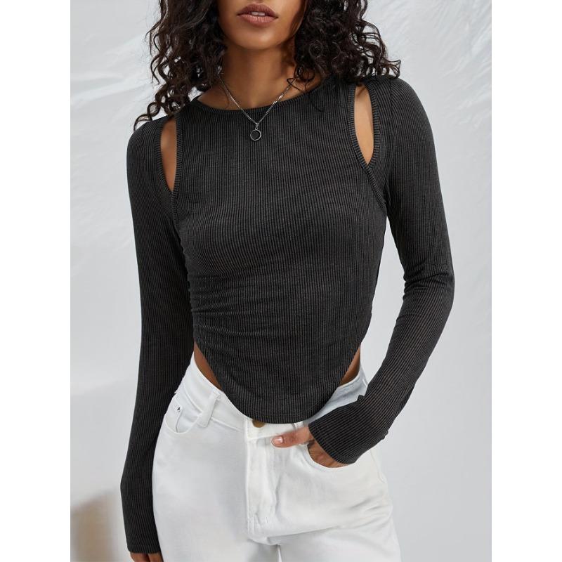 Spring and Autumn Women's Hollow Irregular Round Neck Knit Long Sleeve Sexy Fashion Top