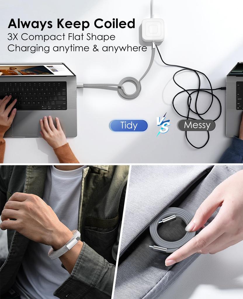 Magtame with Magnetic Fast Cable with Metal Connectors and Double Nylon Compatible with iPhone Xperia Type-C Cable, Flat, Self-Retraction, 240W/5A