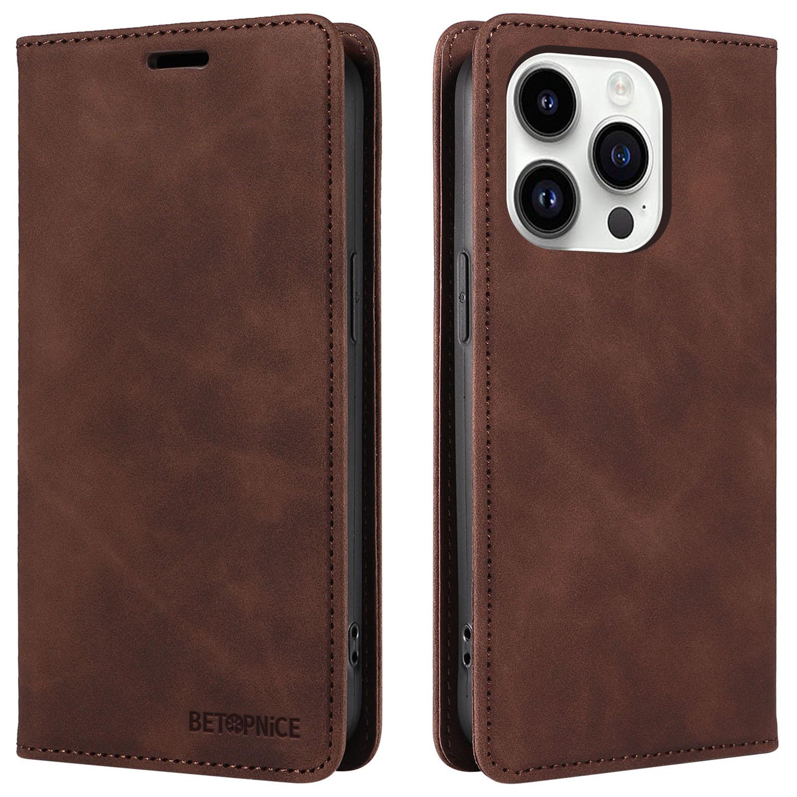 

BETOPNICE 003 For iPhone 15 Pro Max Wallet TPU+PU Leather Phone Cover RFID Blocking Stand Phone Case Brown