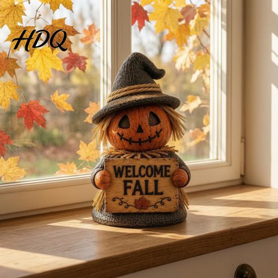 Retro Style Harvest Theme Figures Fall Scarecrow Figurine Wooden Pumpkin Statue Rustic Autumn Thanksgiving Decorations Tabletop Decoration for Home