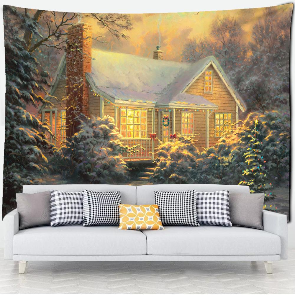 

Лесная хижина гобелен настенная картина маслом фон ткань печать психоделическое колдовство богемный декор 95x70cm