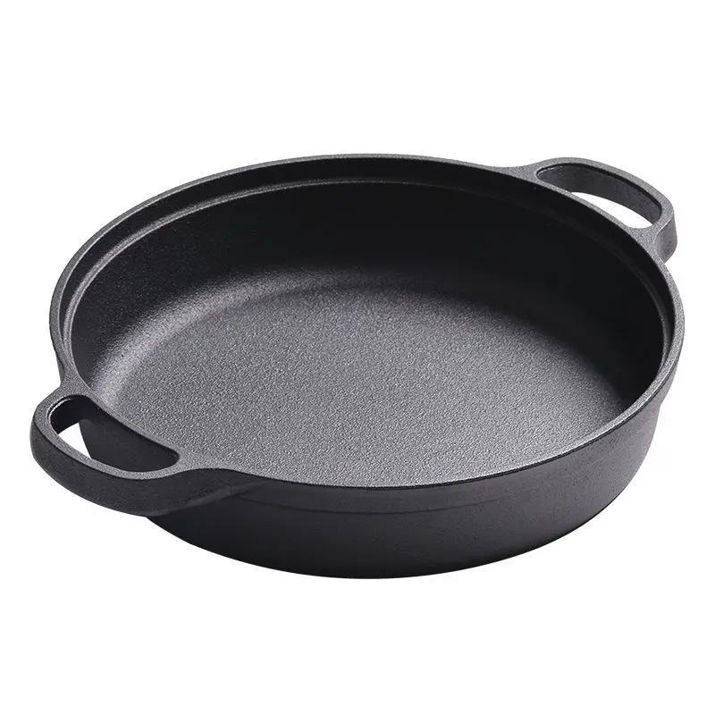25CM Cast Iron Skillet with Double Handles Frying Pan Baking Tray for Bread Outdoor Cooking Camping Kitchen Dining & Bar