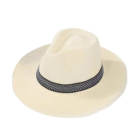 Men Summer Fisherman Hat Hollow Straw Weaving Full Face Sun Protection Wide Brim Western Cowboy Hat with Black Ribbon Decor Foldable Beach Hat