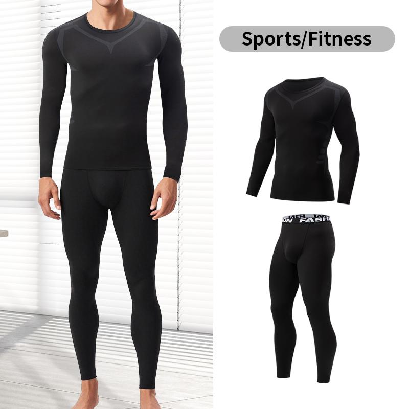 Herfst/Winter Heren Zwart Lange Mouwen Broek Ondergoed Set Jeugd Fitness Hardlopen Basis Sportshirt Casual Stretch Broek