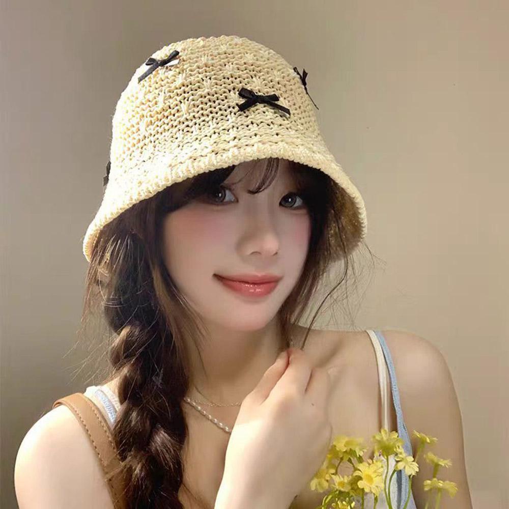 Mini Bow Beach Straw Hat For Women Crochet Fisherman Hat Knitted Hollow Weaving Bucket Hat Sweet Foldable Breathable Sun Cap