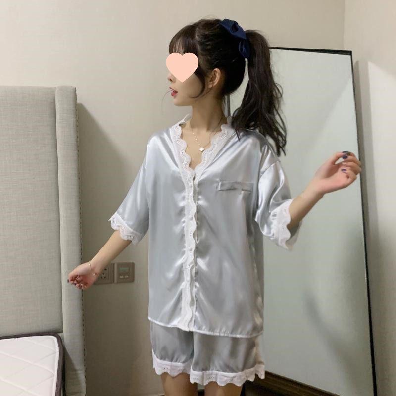 Korean Lace Collar Silky Homewear Set: Short Sleeve Top & Shorts In Solid Color for Spring/Autumn.