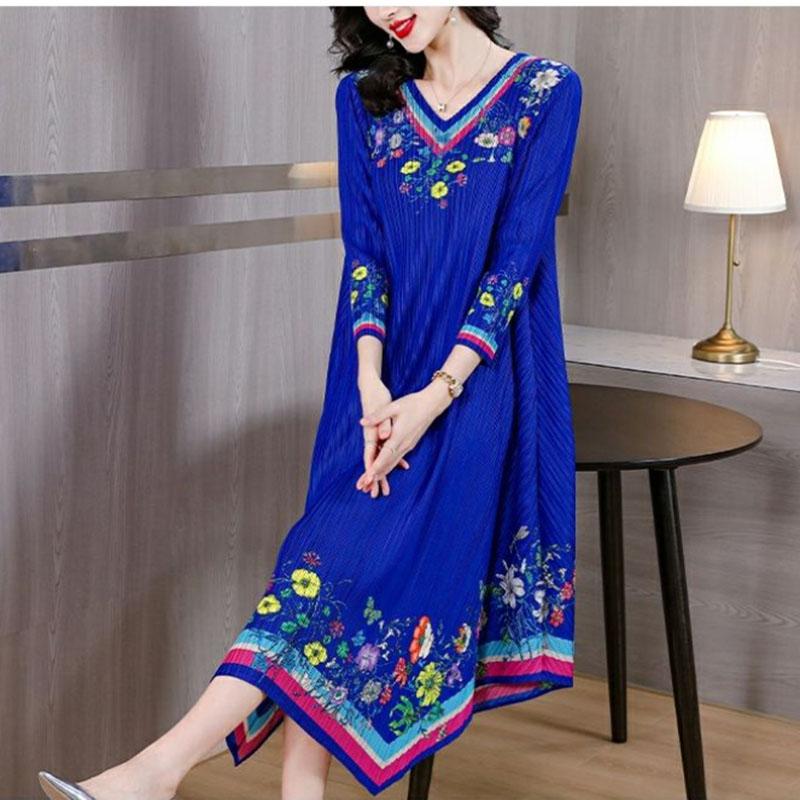 Women's Plus Size Dress Vintage Print Dress Ethnic Style Spring Summer A-line Pleated Stretch Maxi Dress